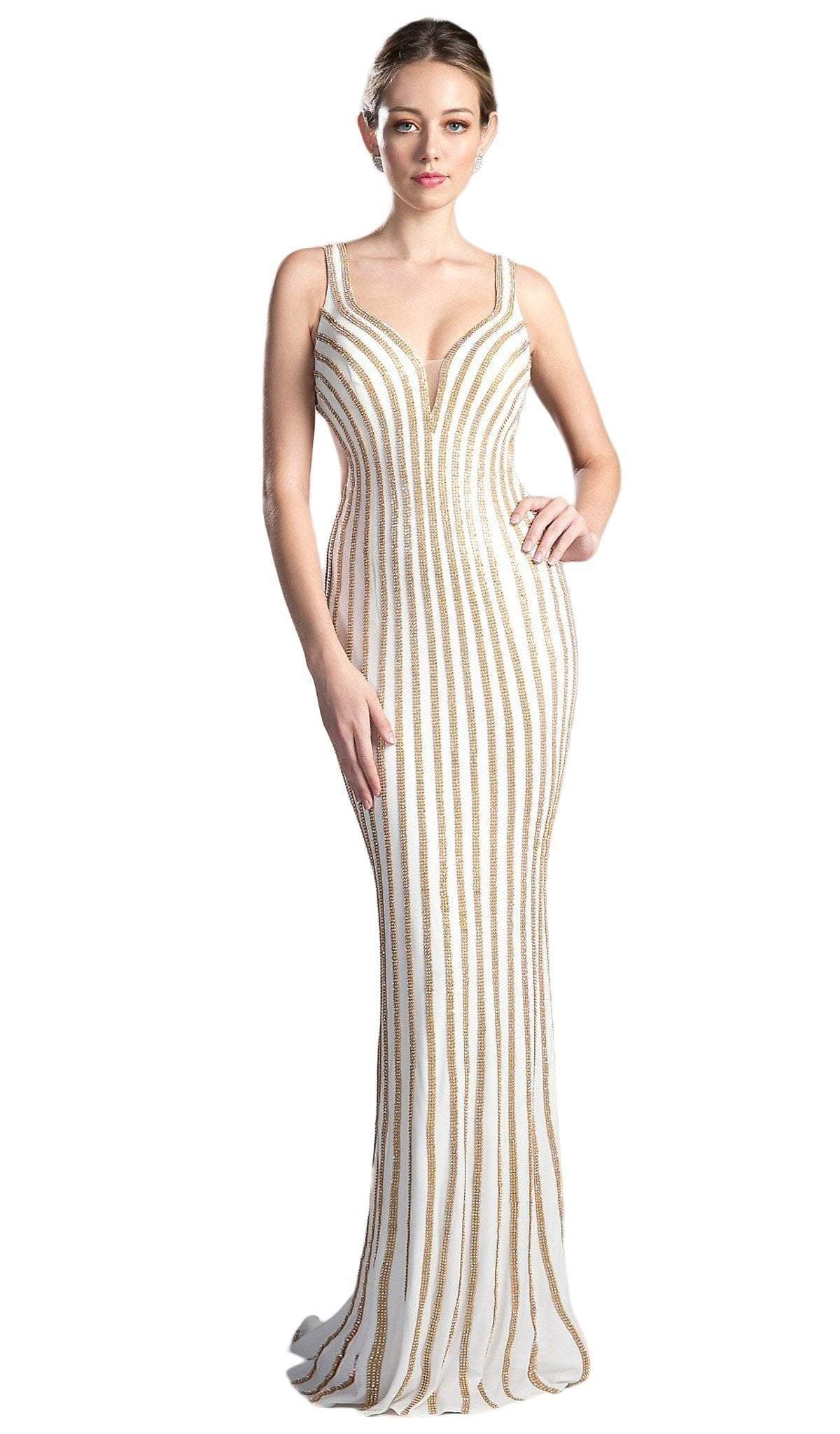 Cinderella Divine - Gold Beaded V-neck Sheath Prom Dress - designer prom dress at Silhouette Dresses