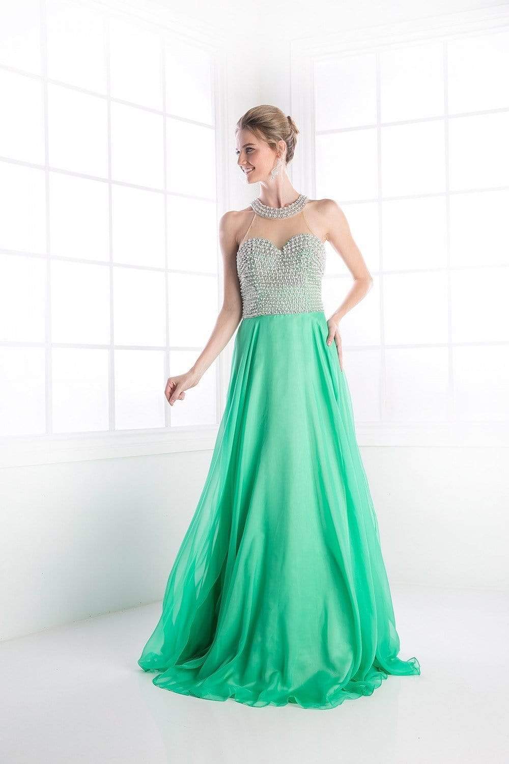 Cinderella Divine - High Halter Pearl Adorned Bodice Chiffon Gown - back view