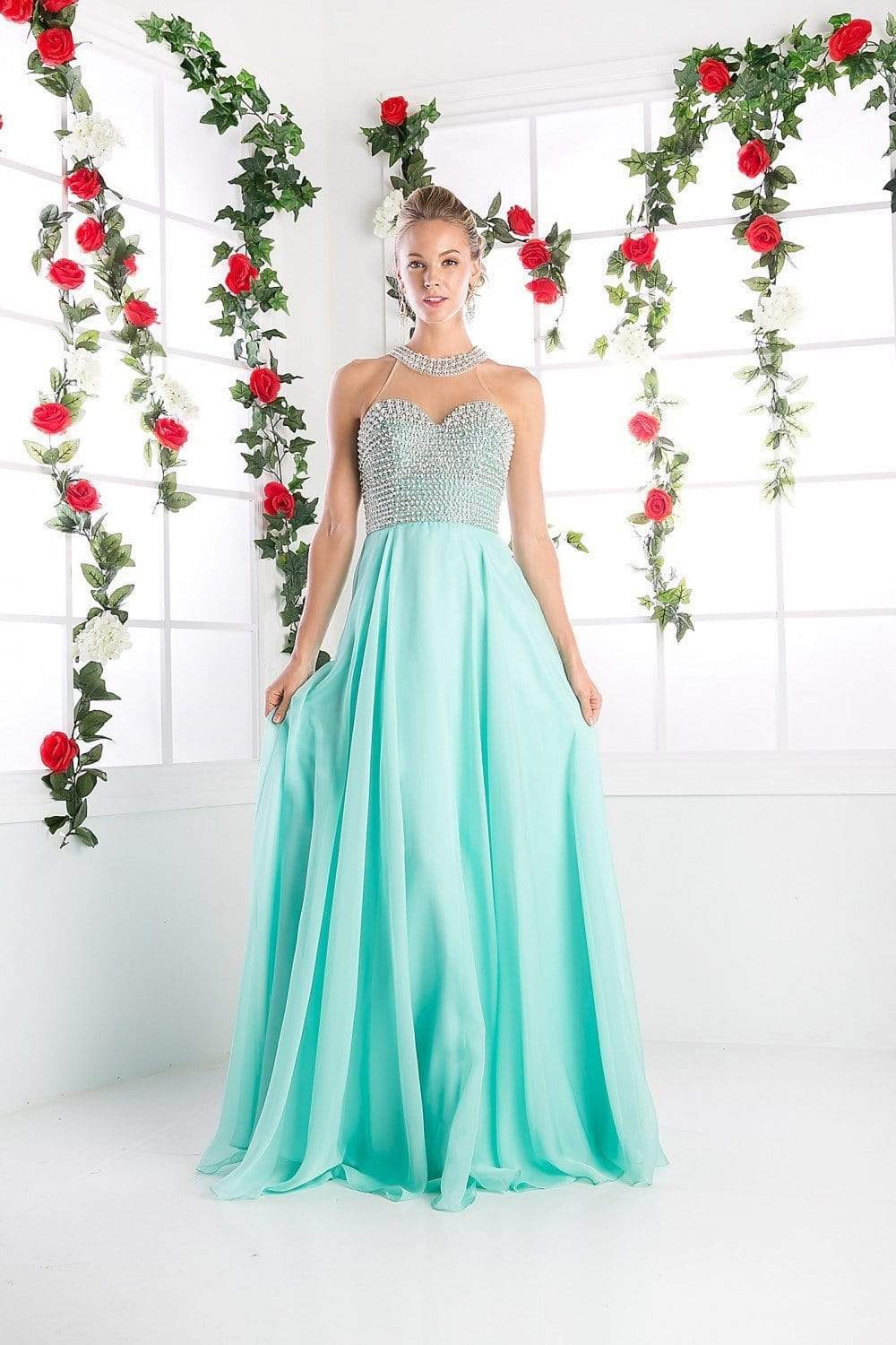 Cinderella Divine - High Halter Pearl Adorned Bodice Chiffon Gown - view 6