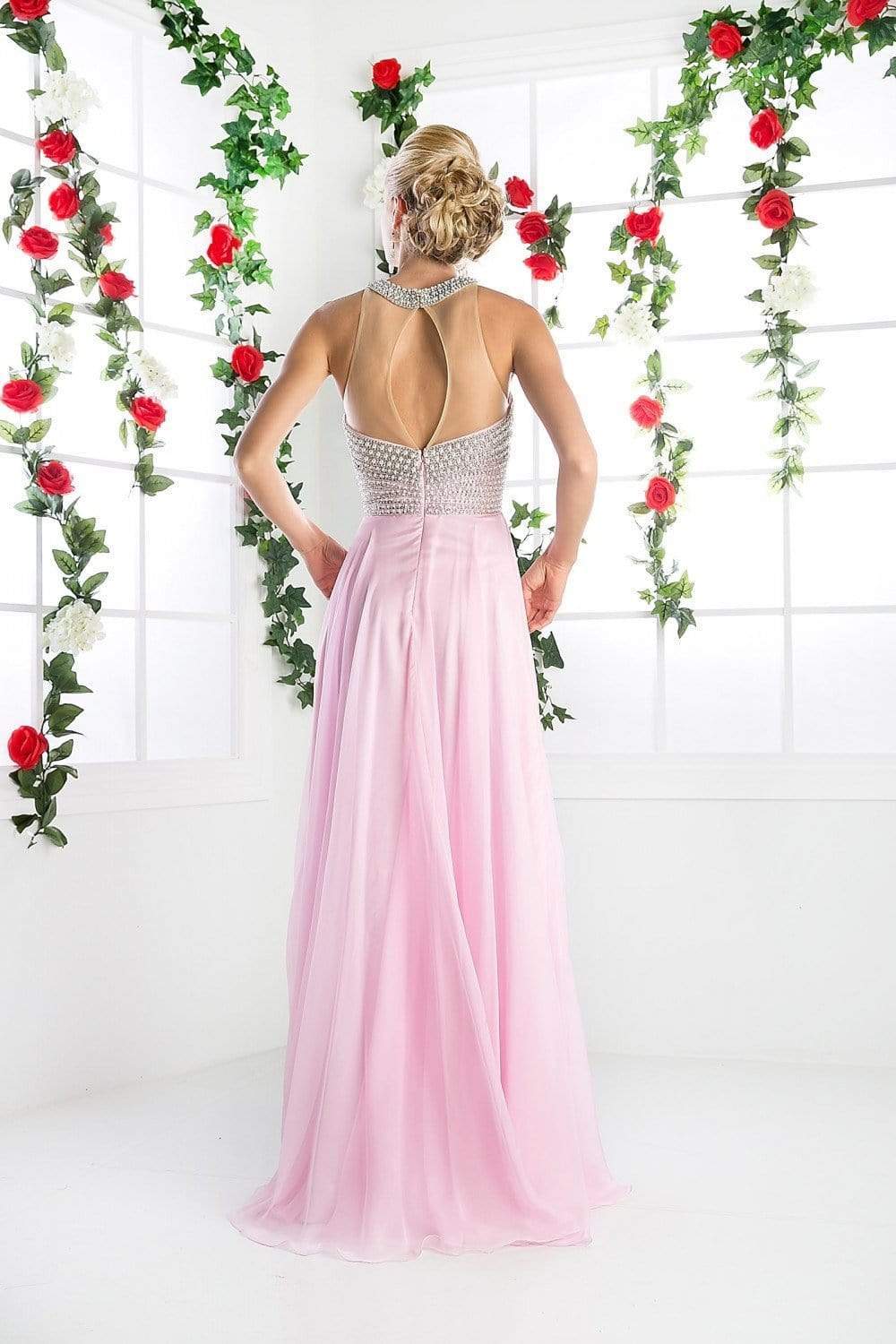 Cinderella Divine - High Halter Pearl Adorned Bodice Chiffon Gown - view 9