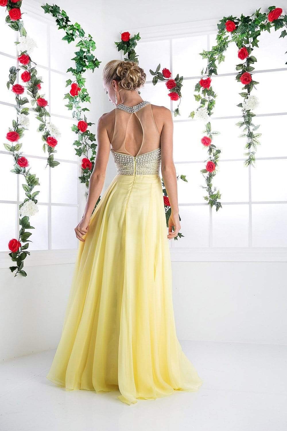 Cinderella Divine - High Halter Pearl Adorned Bodice Chiffon Gown - detail view