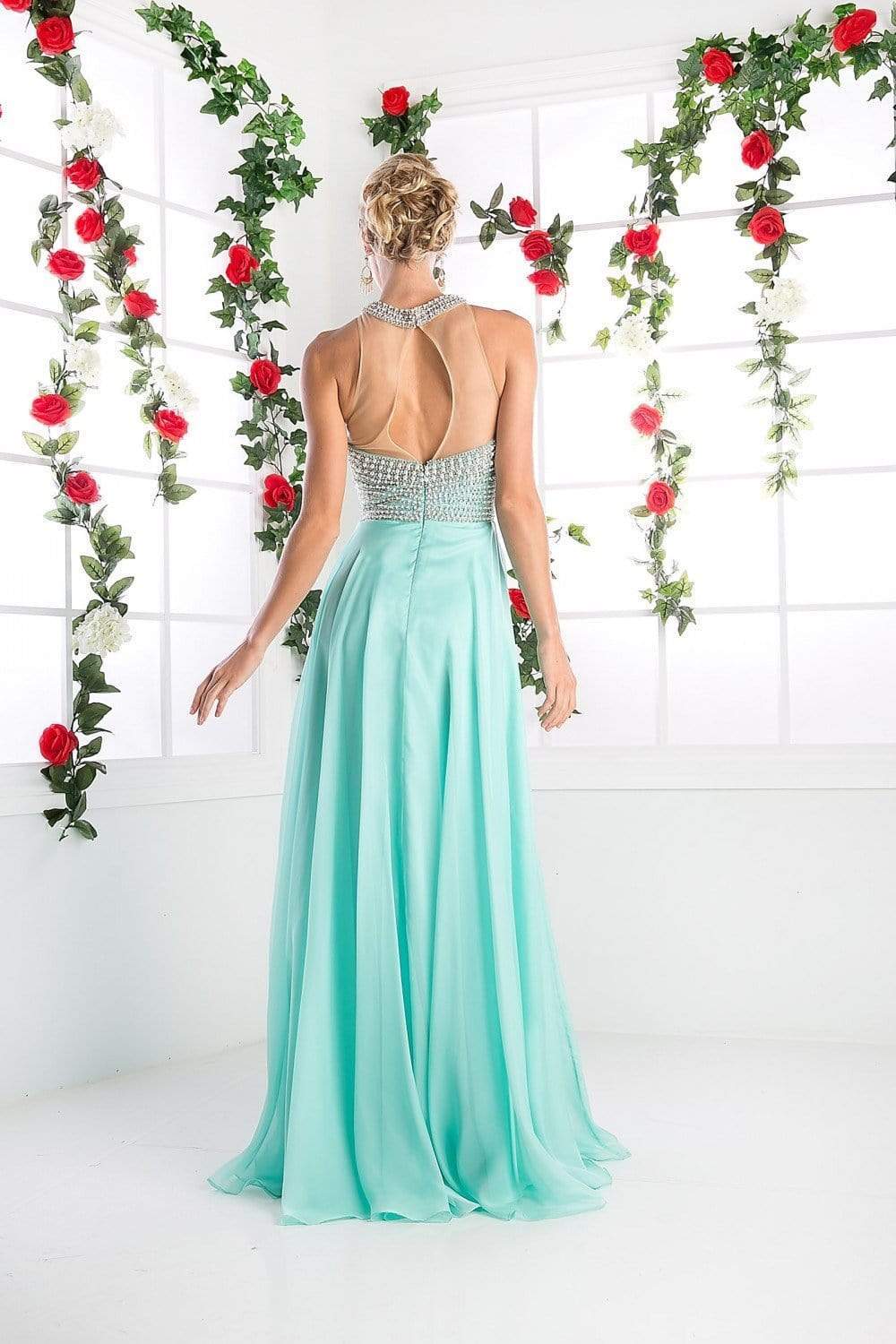 Cinderella Divine - High Halter Pearl Adorned Bodice Chiffon Gown - view 7
