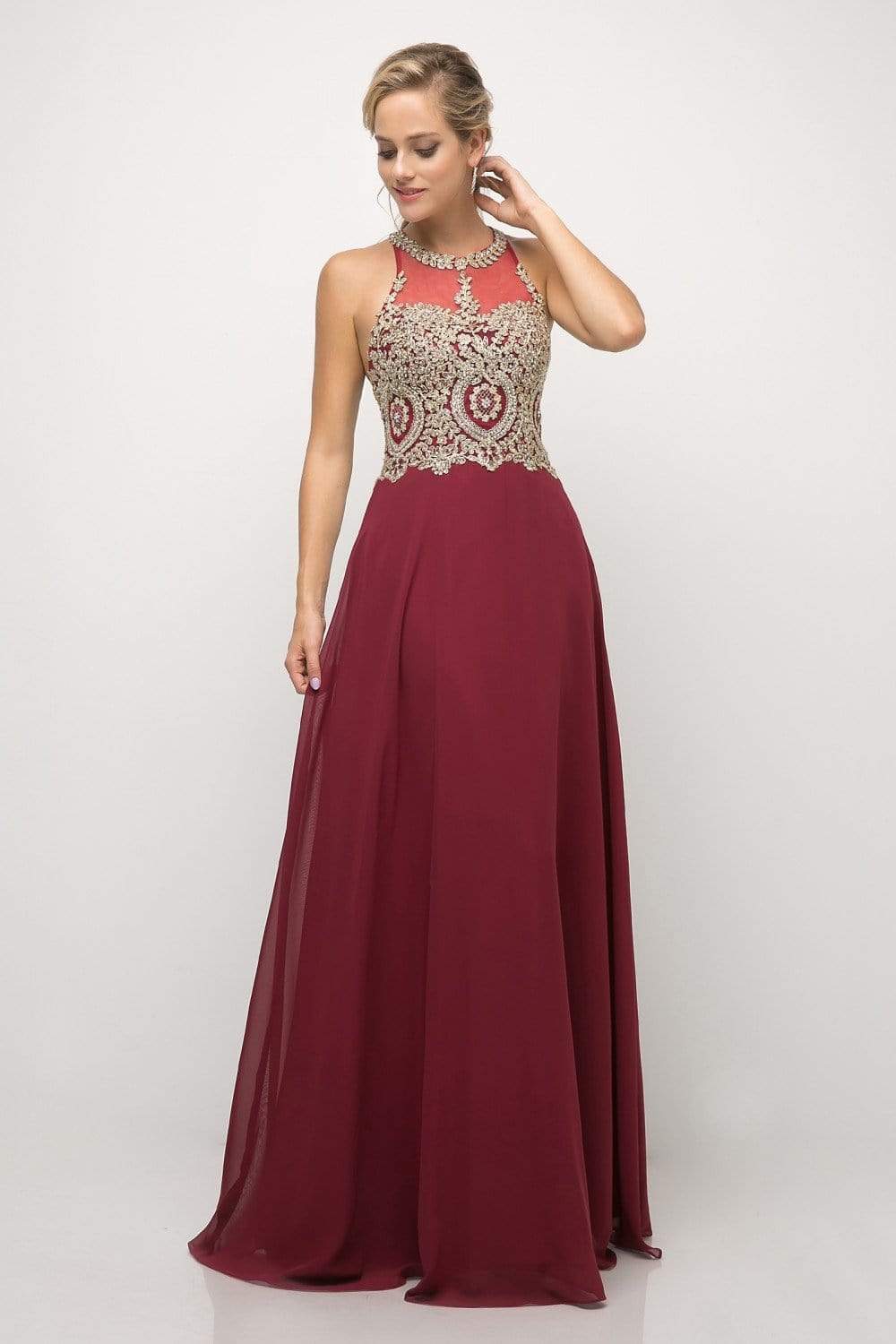 Cinderella Divine - Illusion Jewel Tonal Appliqued Long Evening Gown - detail view