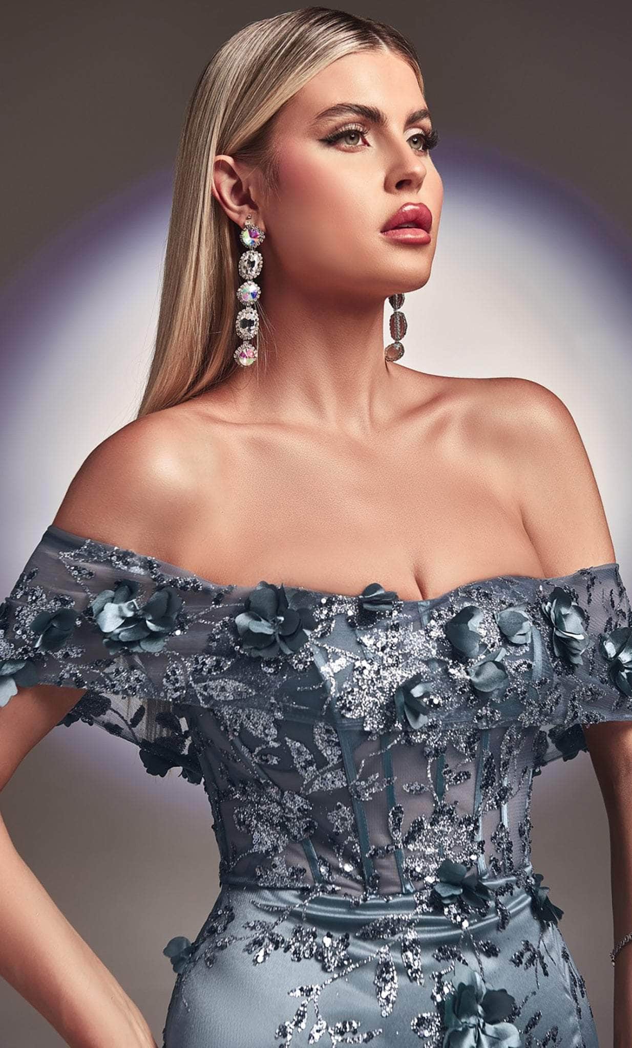 Cinderella Divine J832 - Off-Shoulder Appliques Evening Gown - back view