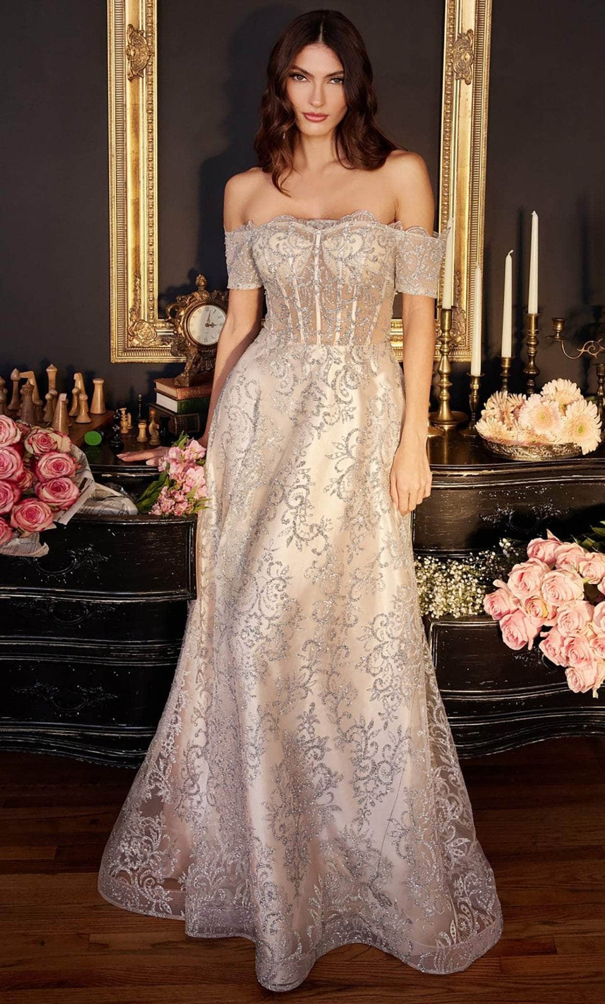 Cinderella Divine J835 - Glitter Satin Prom Dress - detail view