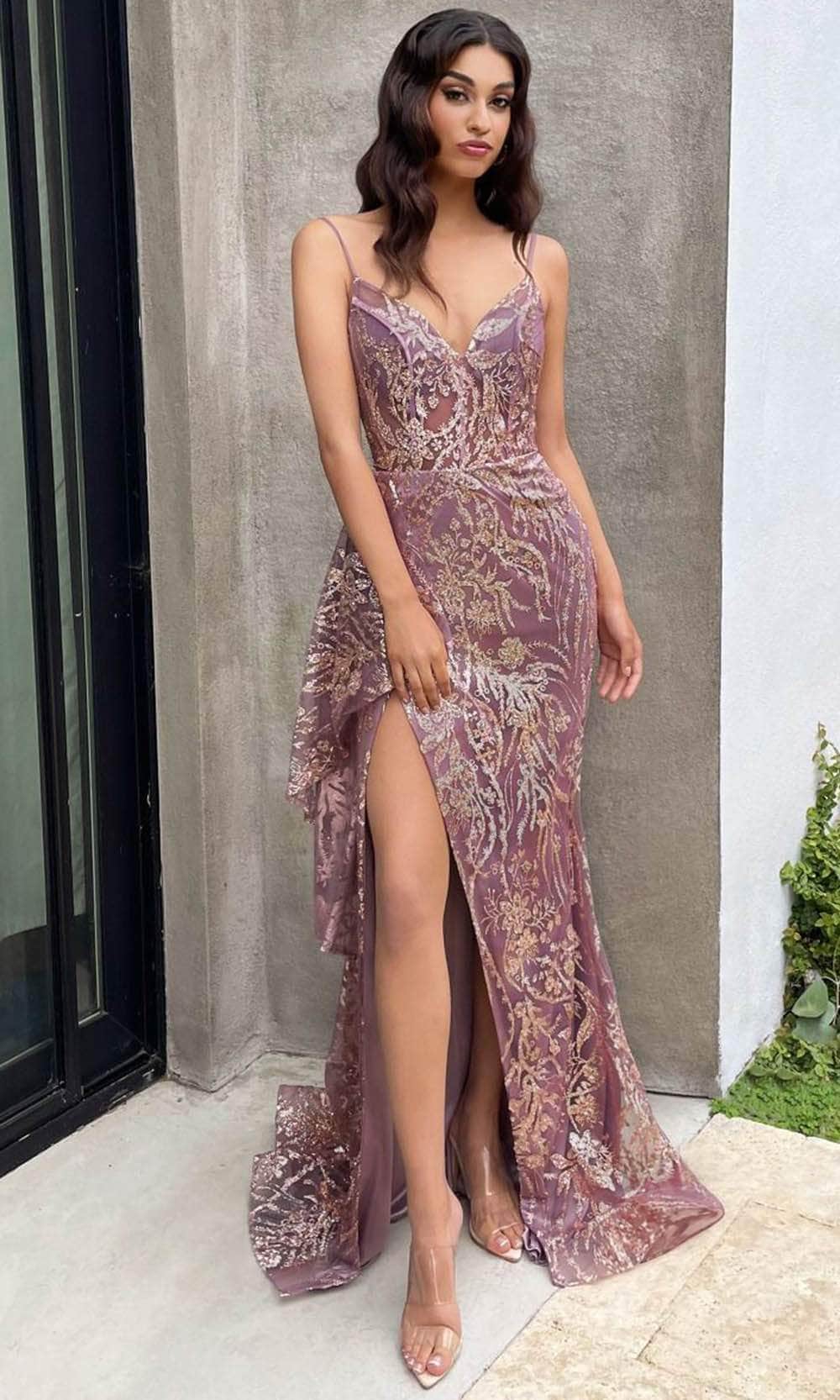 Cinderella Divine J856 - High Slit Gown with Glitter Print - Silhouette Dresses