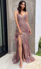 Cinderella Divine J856 - High Slit Gown with Glitter Print - Silhouette Dresses