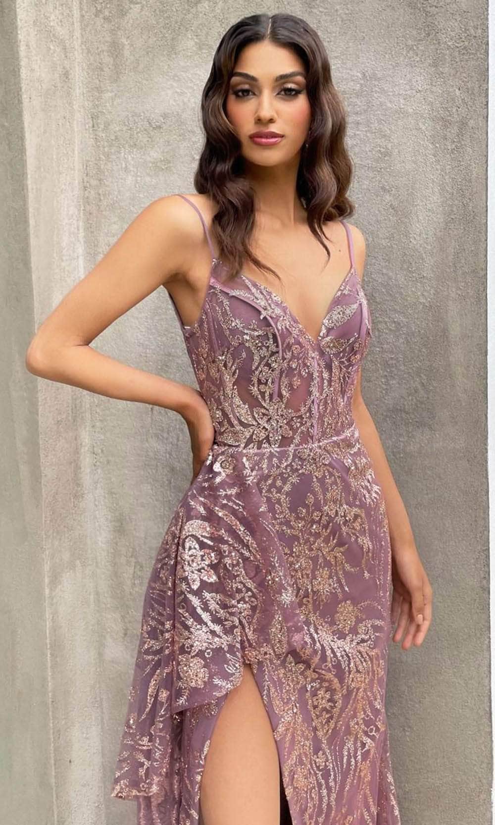 Cinderella Divine J856 - High Slit Gown with Glitter Print - back view