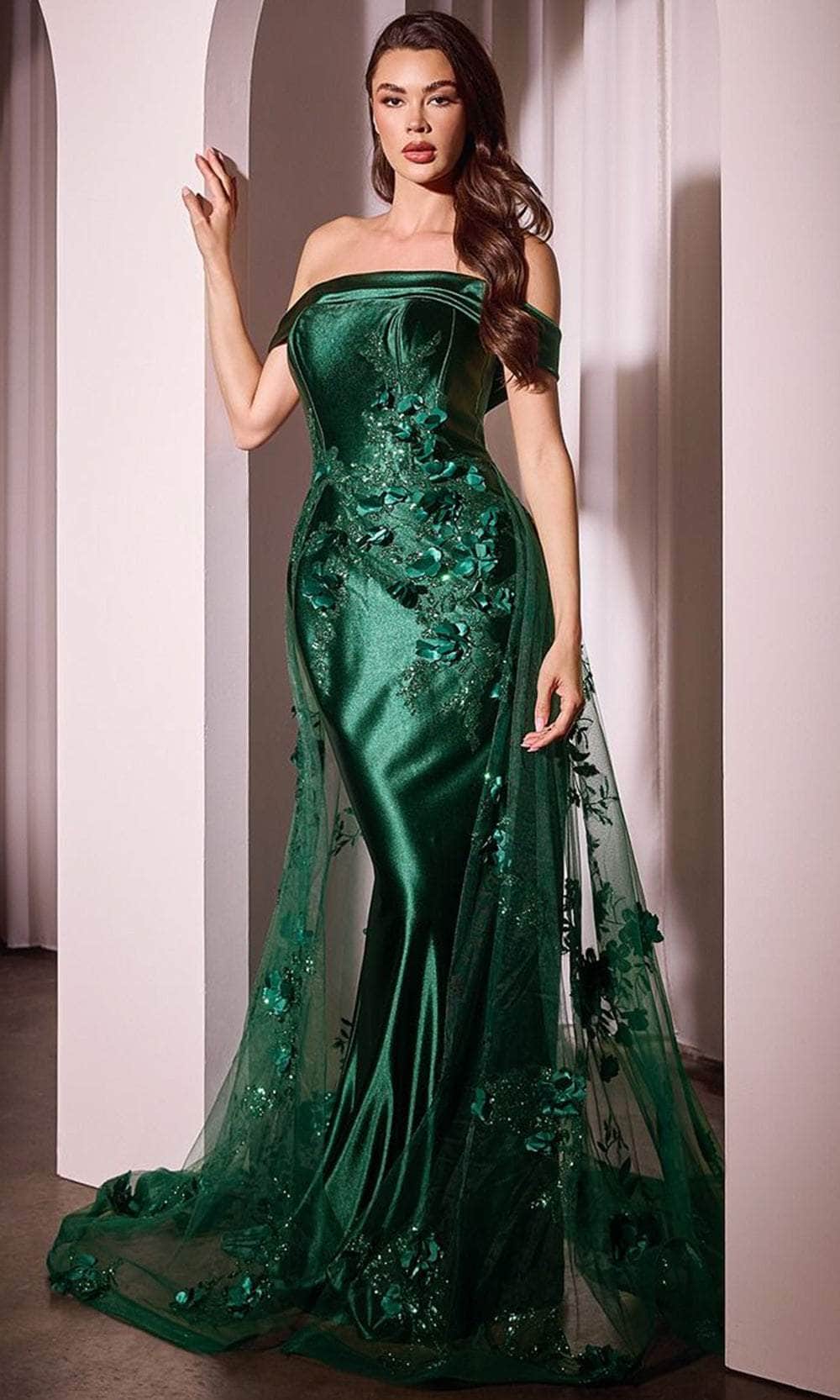 Cinderella Divine J876 - Floral Off-Shoulder Evening Gown - back view