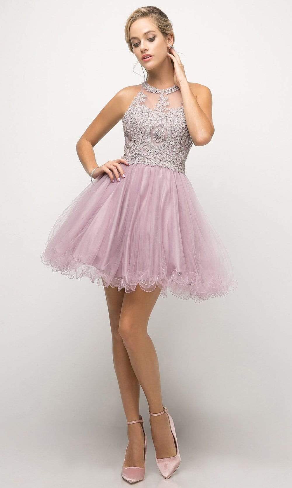 Cinderella Divine UJ0119 Lace Appliqued Strappy Back Cocktail Dress - detail view
