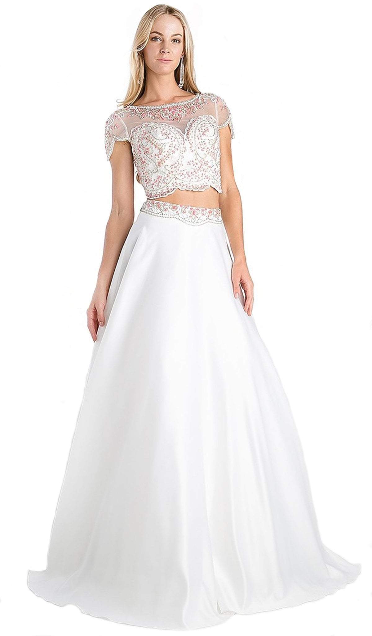 Cinderella Divine - Lace Cap Sleeve Two-Piece Satin A-line Evening Gown - designer prom dress at Silhouette Dresses