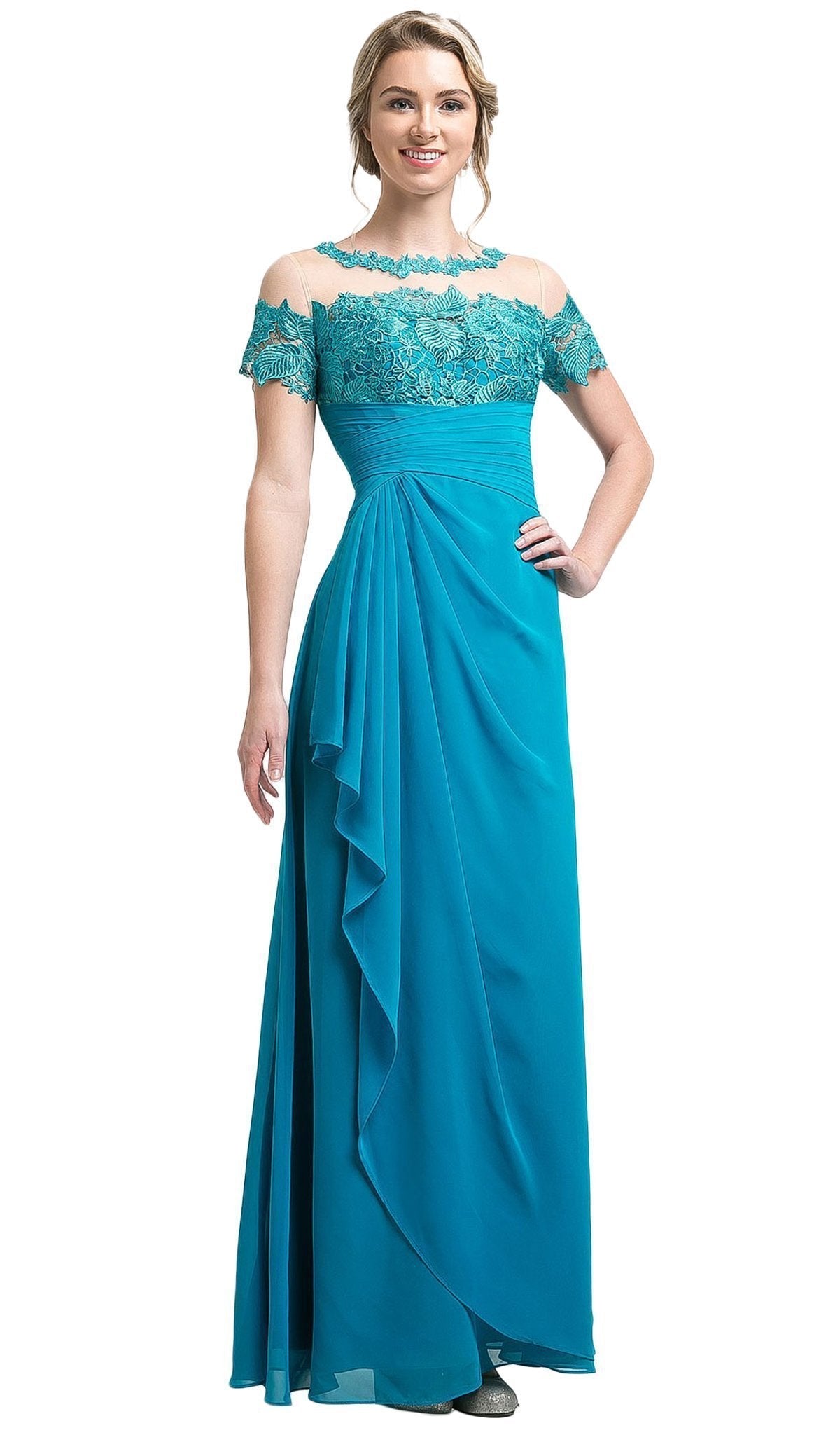 Cinderella Divine - Lace Illusion Bateau Pleated Sheath Dress - designer bridesmaid dress at Silhouette Dresses