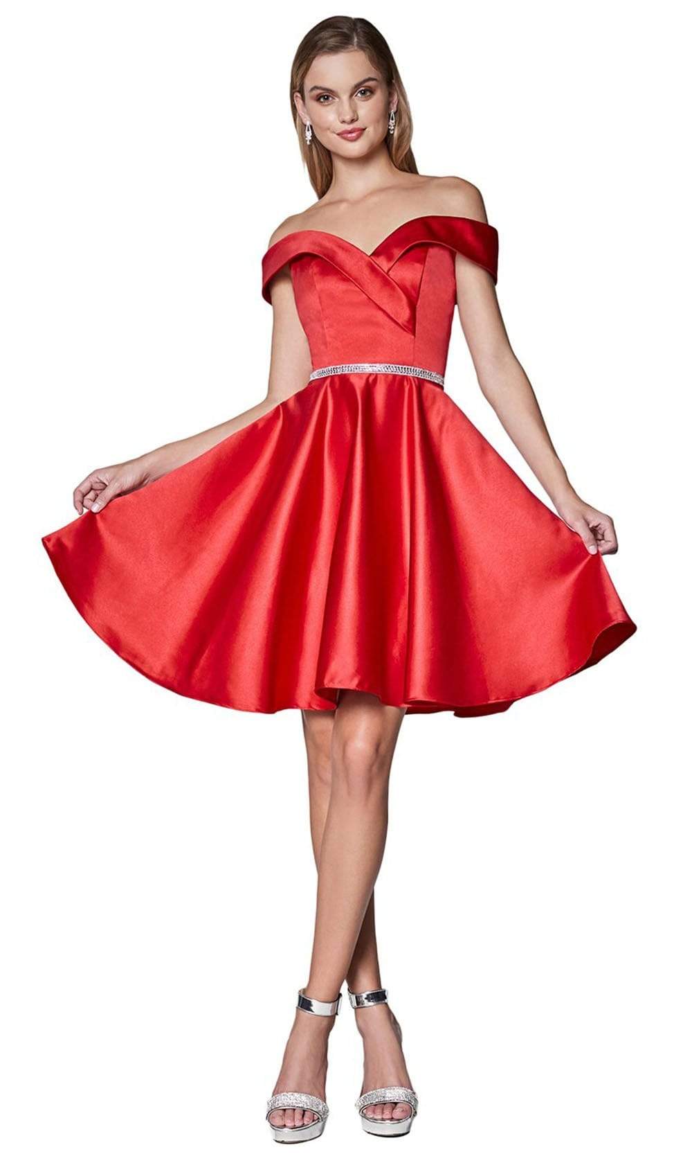 Cinderella Divine - Off-Shoulder Satin Finish A-Line Cocktail Dress CD0140 - back view