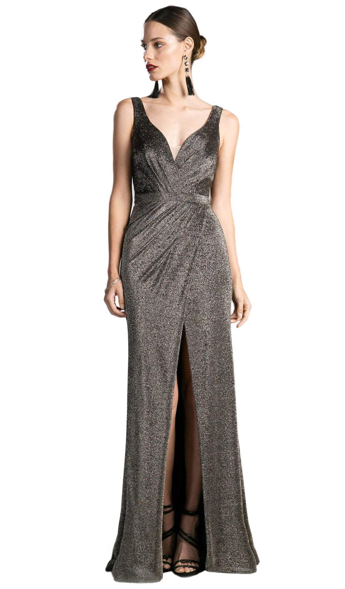 Cinderella Divine - Ruched V-neck Shimmer Fabric Sheath Dress - Silhouette Dresses