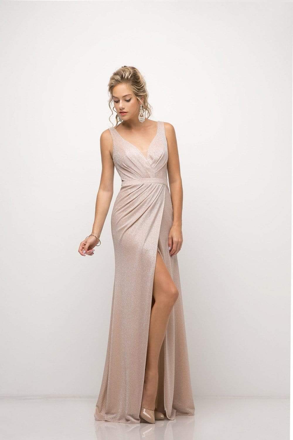 Cinderella Divine - Ruched V-neck Shimmer Fabric Sheath Dress - view 4