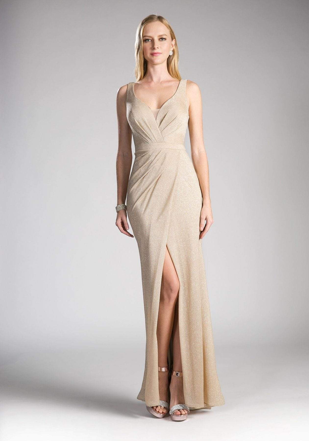 Cinderella Divine - Ruched V-neck Shimmer Fabric Sheath Dress - view 6