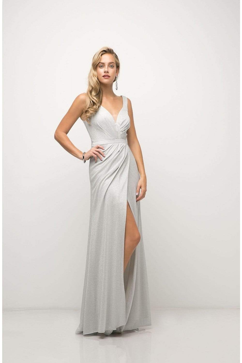Cinderella Divine - Ruched V-neck Shimmer Fabric Sheath Dress - back view