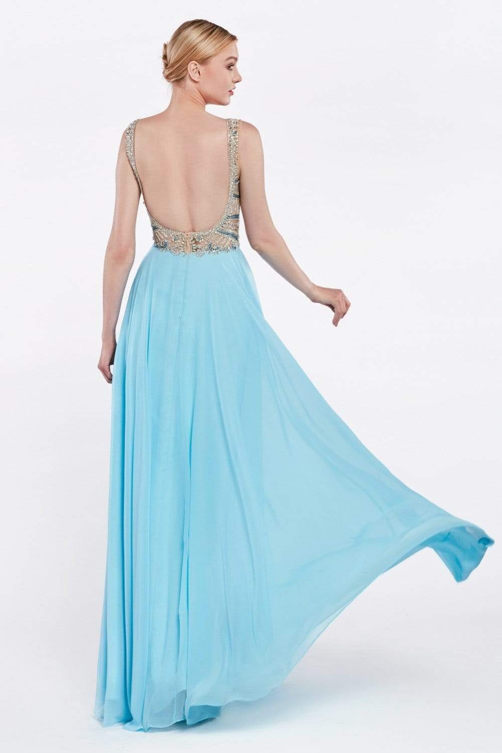 Cinderella Divine - Sheer Long Bell Sleeves Beaded Chiffon Evening Gown - back view