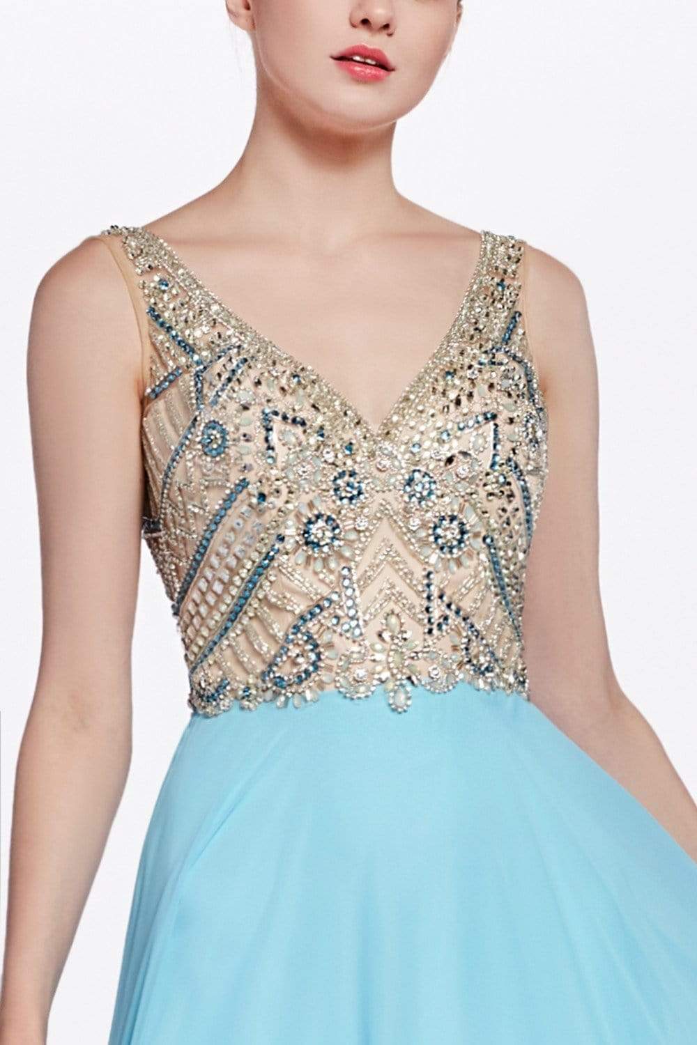Cinderella Divine - Sheer Long Bell Sleeves Beaded Chiffon Evening Gown - detail view