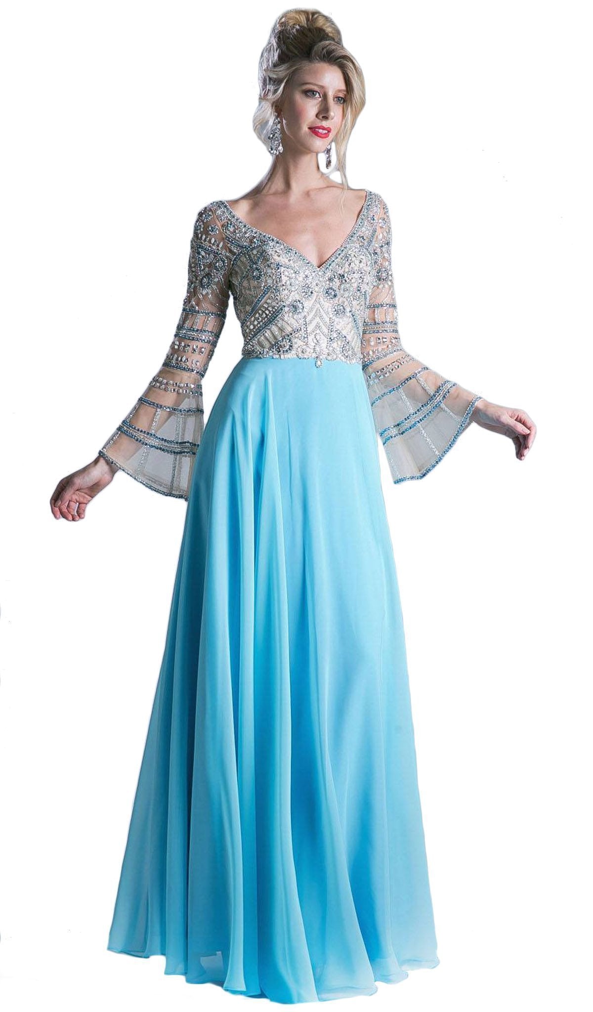 Cinderella Divine - Sheer Long Bell Sleeves Beaded Chiffon Evening Gown - view 5