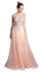 Cinderella Divine - Sheer Scoop Beaded Tulle A-Line Evening Gown - detail view
