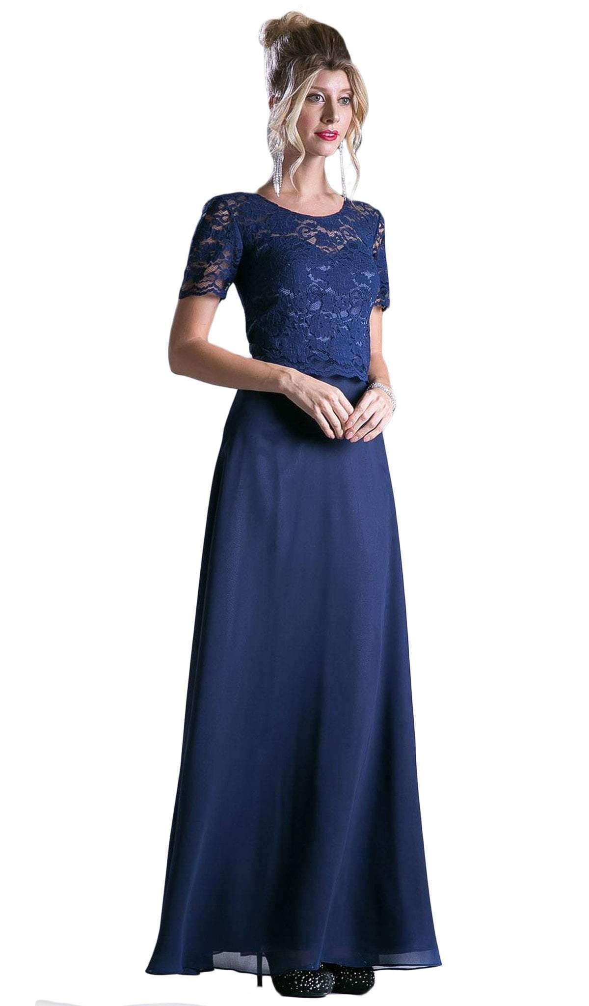Cinderella Divine - Short Sleeve Lace Bodice Mock Two-Piece Dress - designer bridesmaid dress at Silhouette Dresses