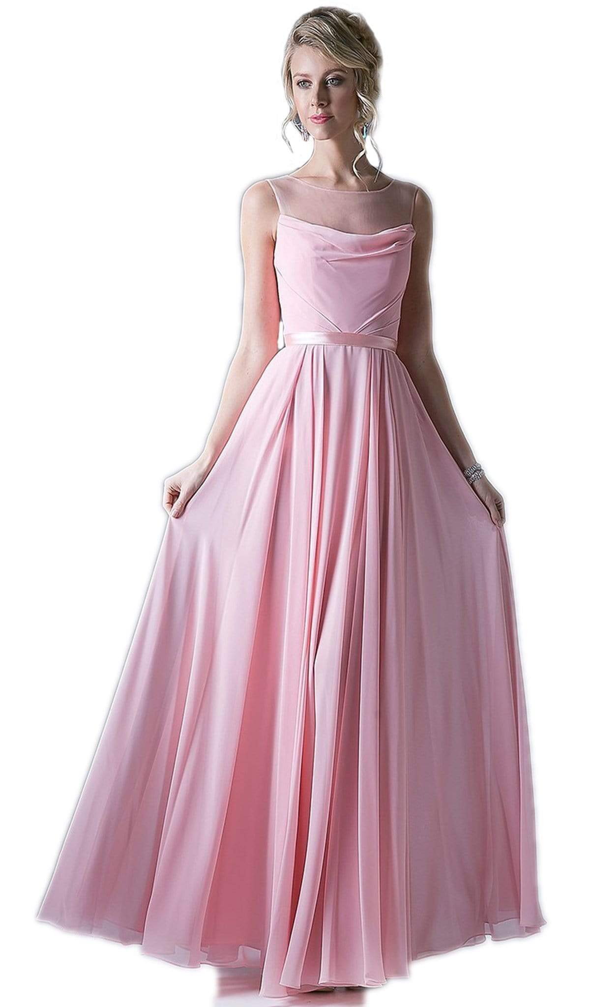 Cinderella Divine - Sleeveless Illusion Bateau Pleated A-line Dress - designer bridesmaid dress at Silhouette Dresses