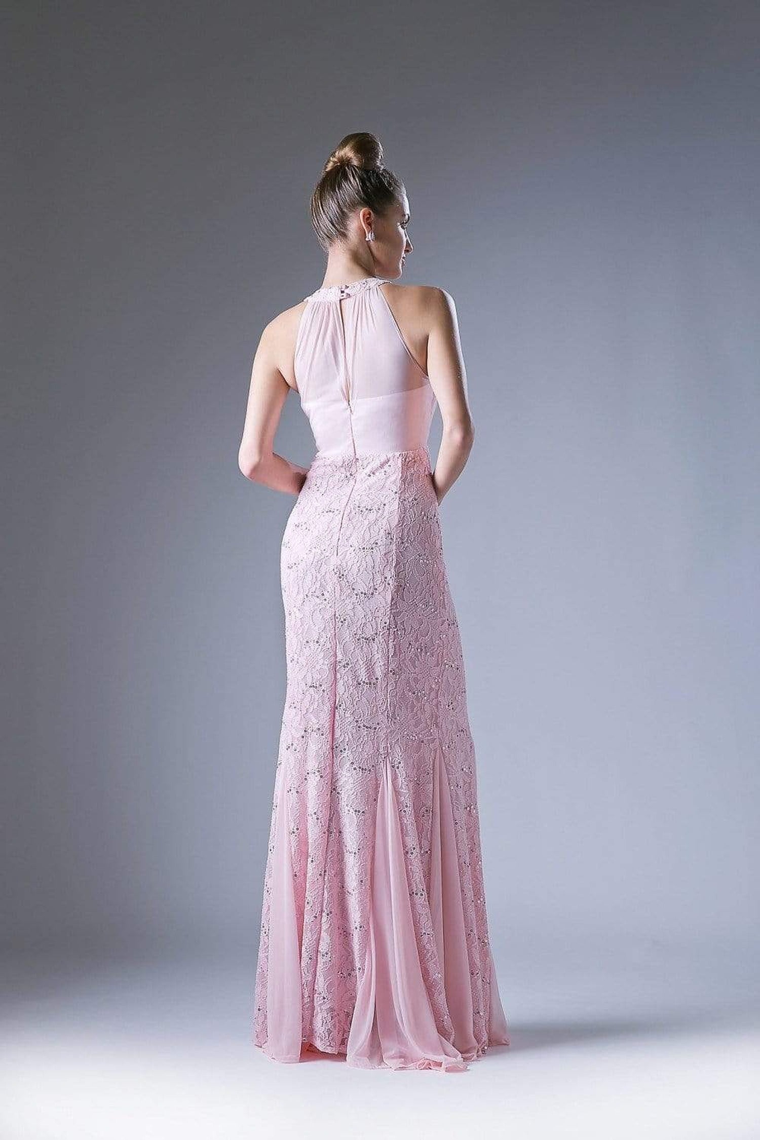 Cinderella Divine - Sleeveless Lace Illusion Halter Sheath Dress