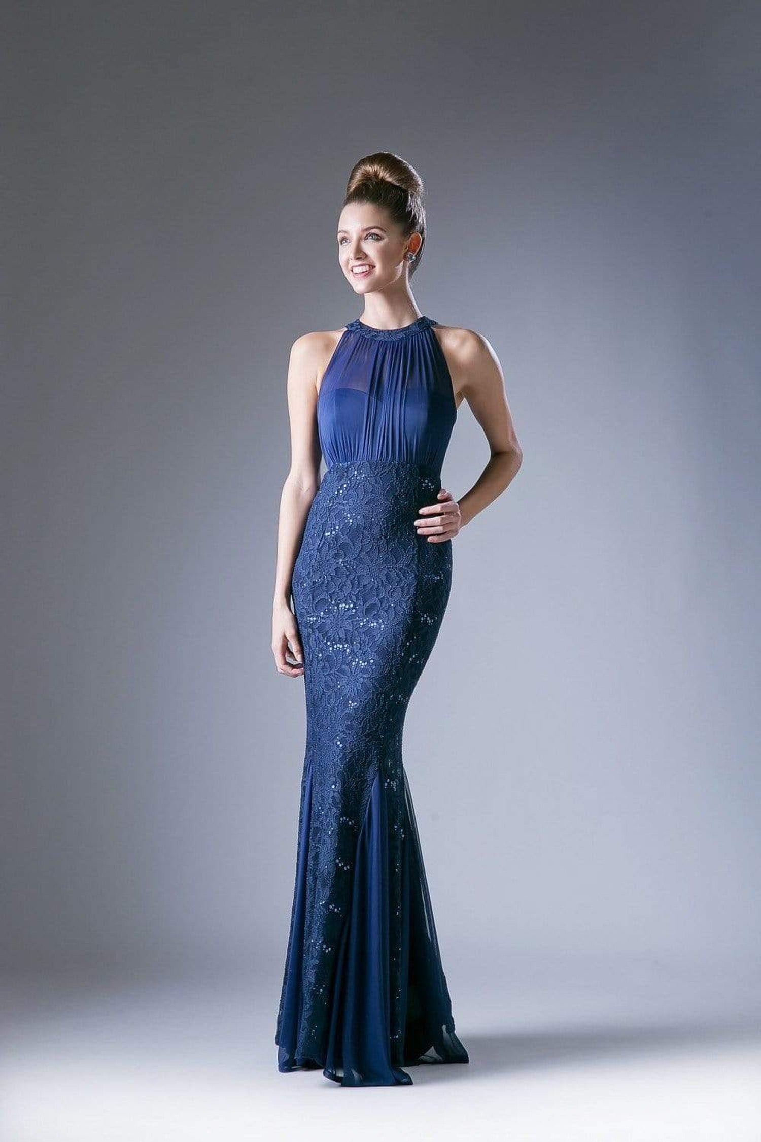 Cinderella Divine - Sleeveless Lace Illusion Halter Sheath Dress