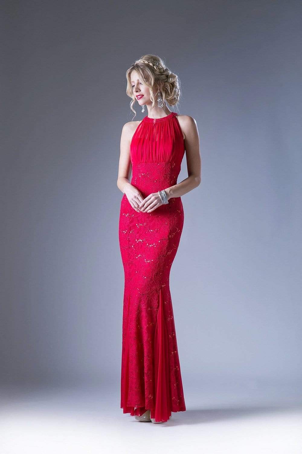 Cinderella Divine - Sleeveless Lace Illusion Halter Sheath Dress - view 6