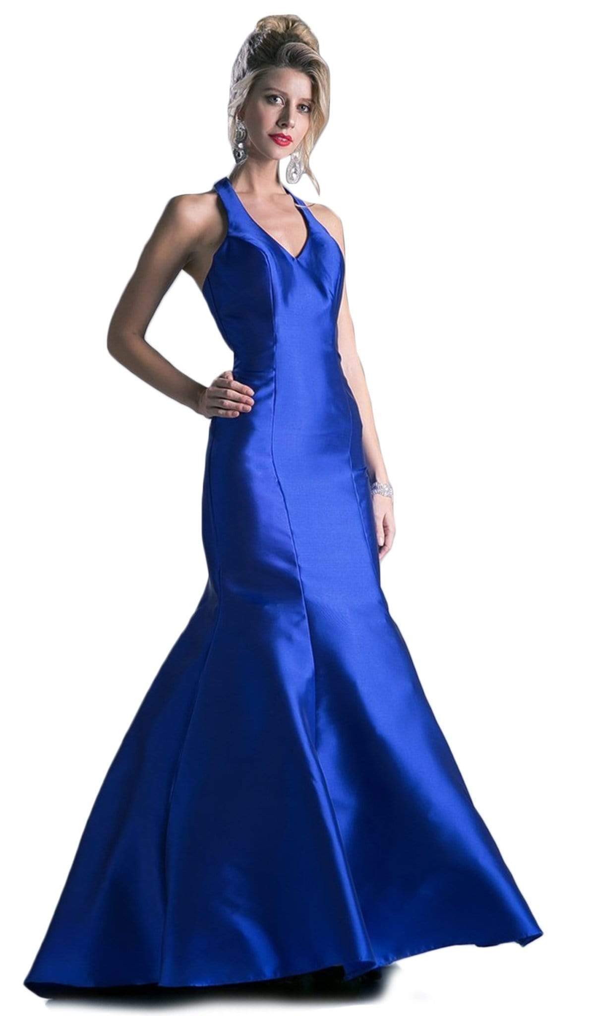 Cinderella Divine - Sleeveless Low V-Neck Satin Trumpet Evening Gown - back view