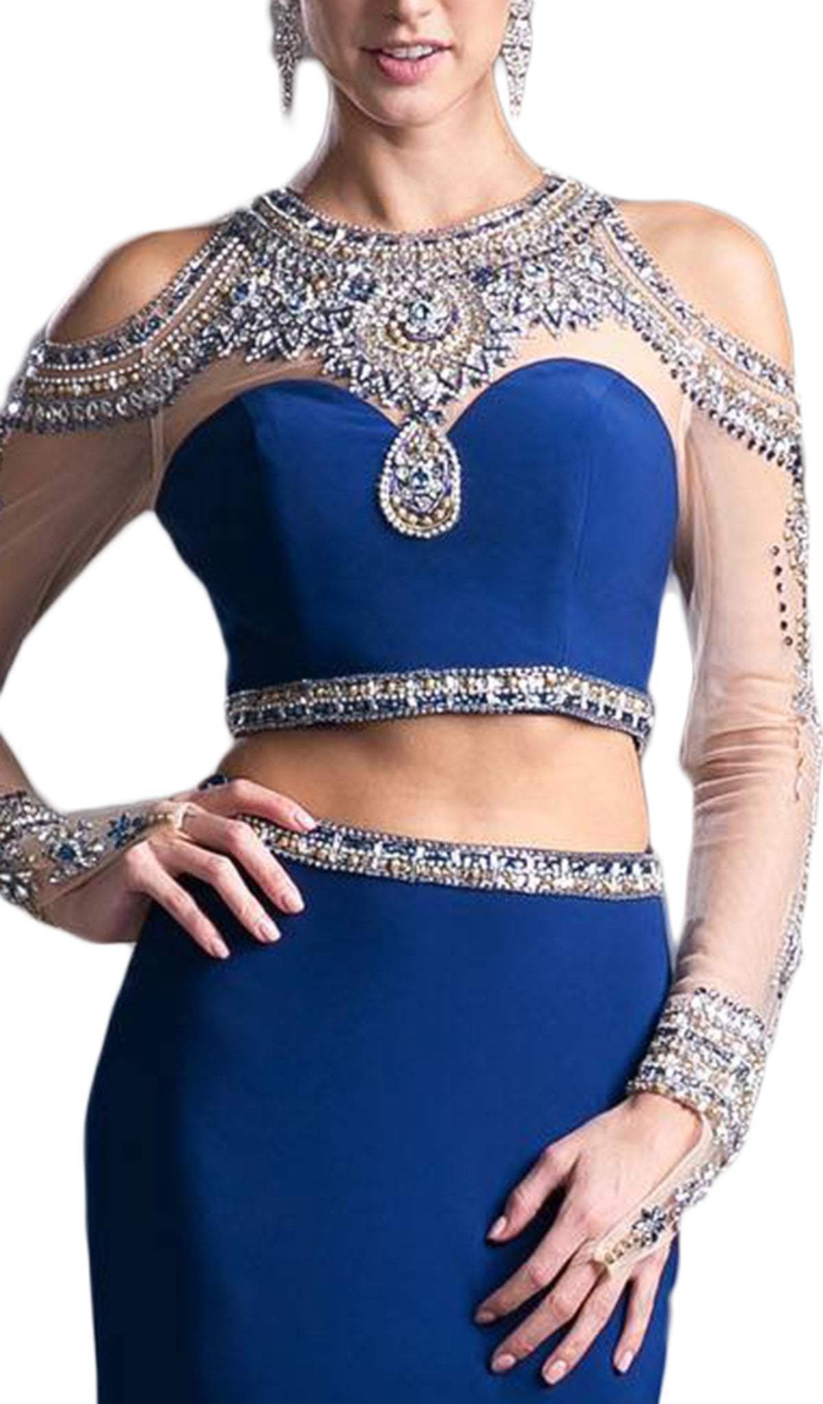 Cinderella Divine - Two Piece Rhinestone Embellished Long Sleeves Gown - back view