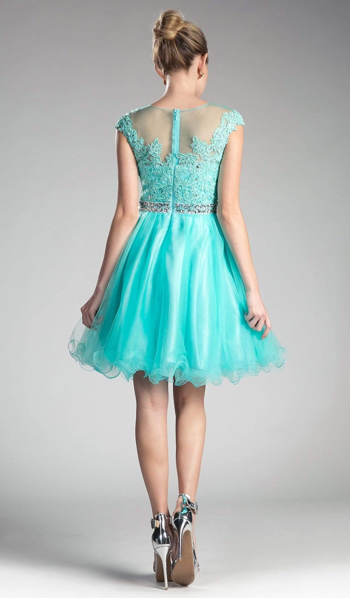 Cinderella Divine - UJ0012 Illusion Shoulders Ruffled Hem Cocktail Dress - back view