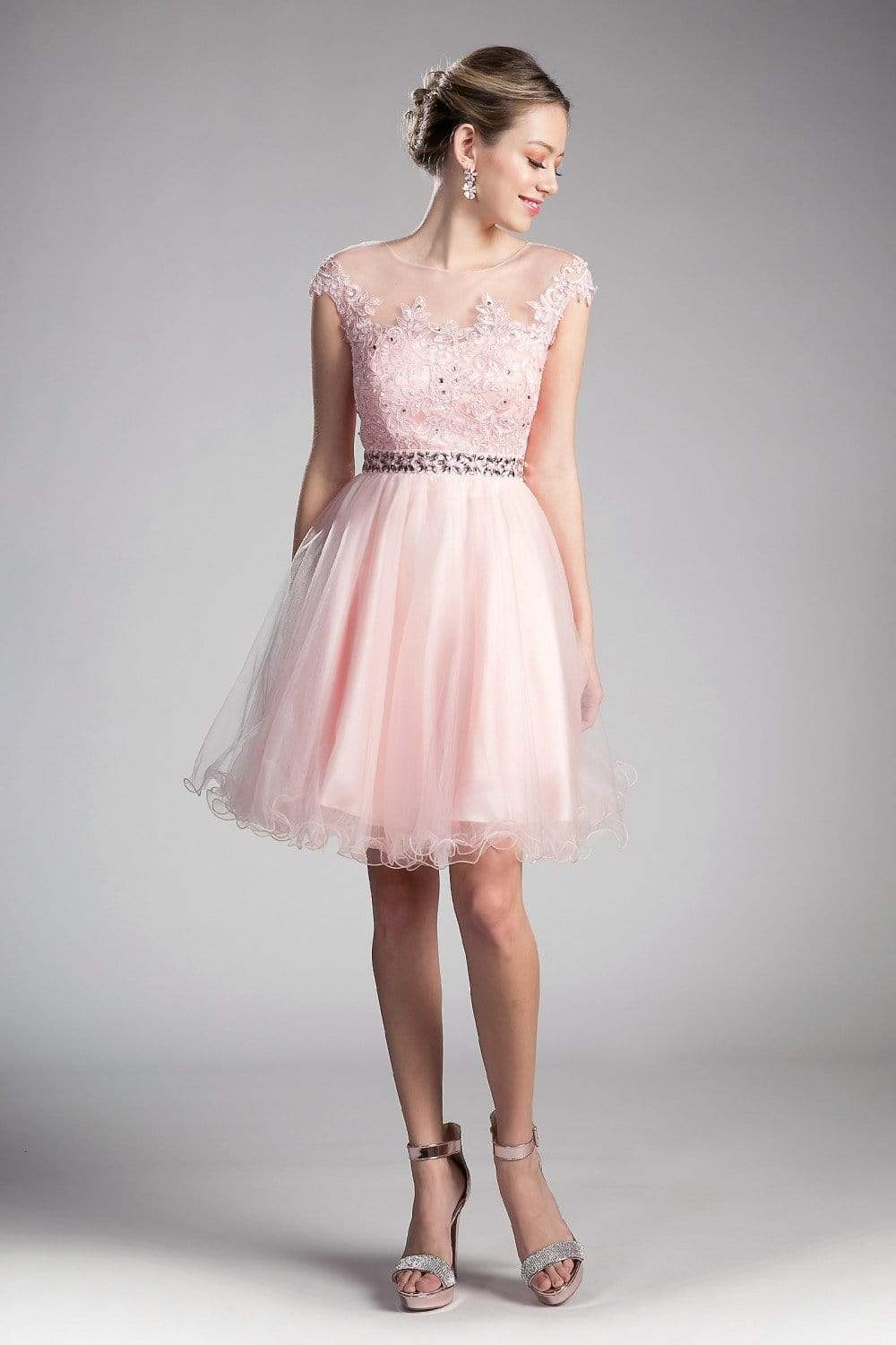 Cinderella Divine - UJ0012 Illusion Shoulders Ruffled Hem Cocktail Dress - detail view