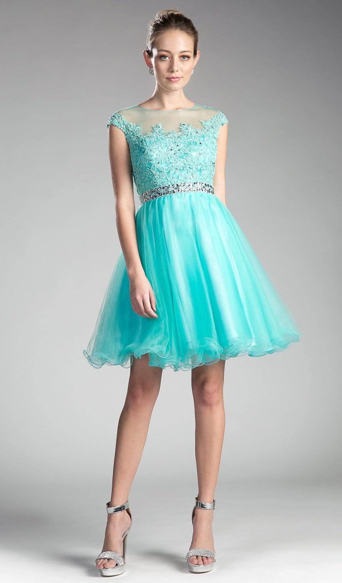 Cinderella Divine - UJ0012 Illusion Shoulders Ruffled Hem Cocktail Dress - designer cocktail dress at Silhouette Dresses