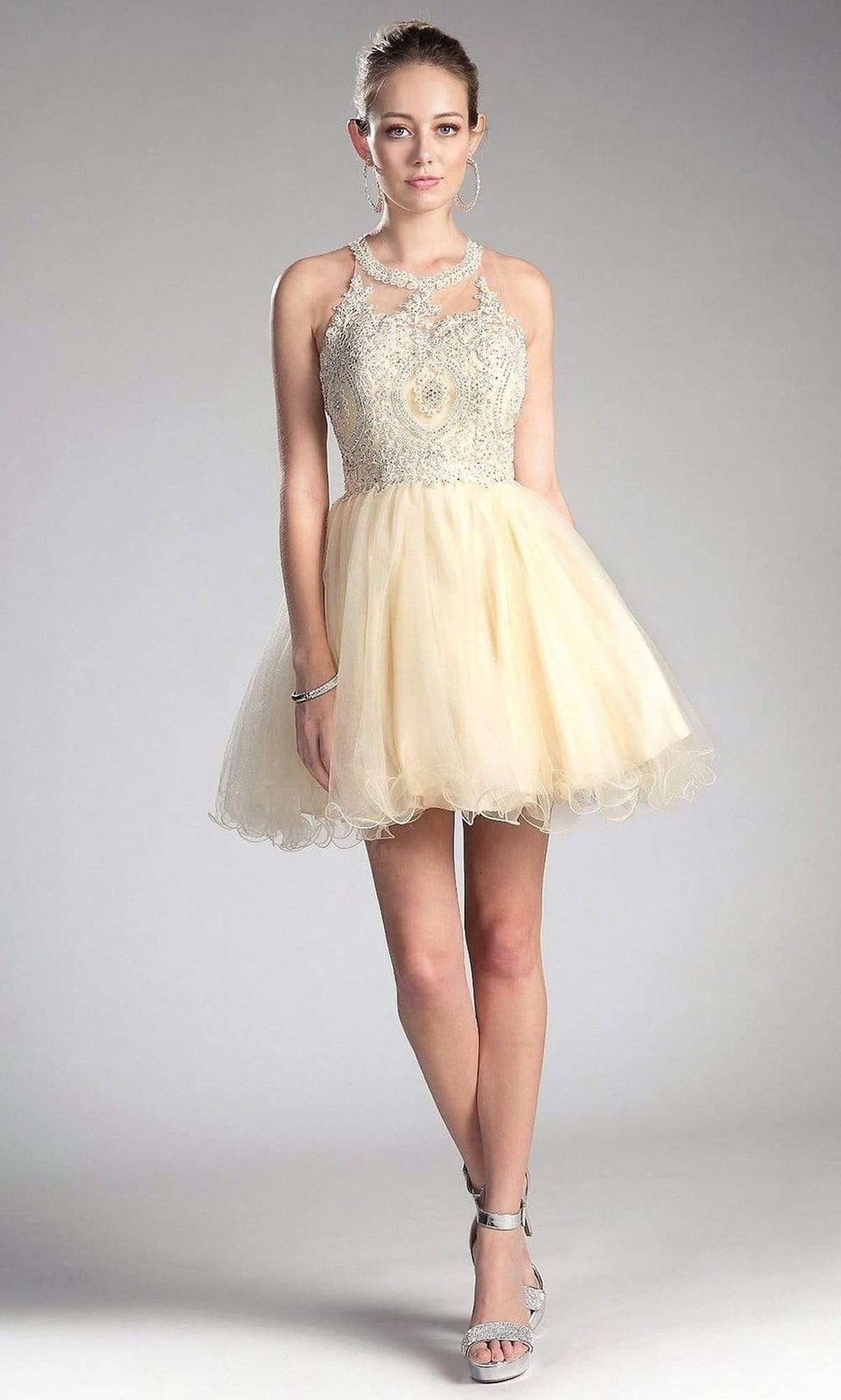 Cinderella Divine UJ0119 Lace Appliqued Strappy Back Cocktail Dress