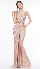 Colors Couture - J099 Embellished Deep V-neck Trumpet Dress