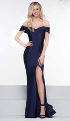 Colors Dress - 2107 Off Shoulder Front Slit Satin Mermaid Gown