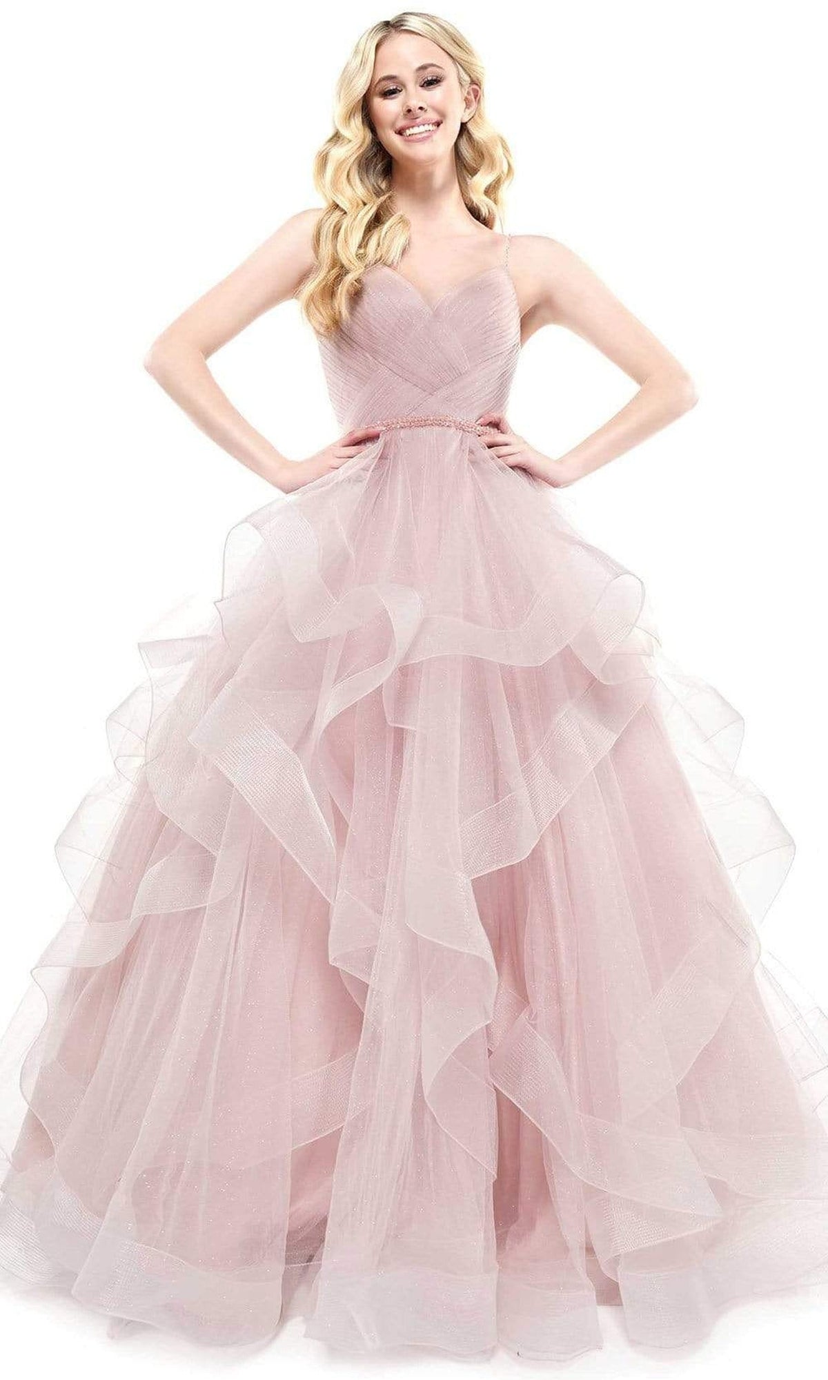 Colors Dress - 2381 V Neck Glitter Mesh Ballgown