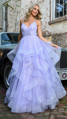 Colors Dress - 2381 V Neck Glitter Mesh Ballgown
