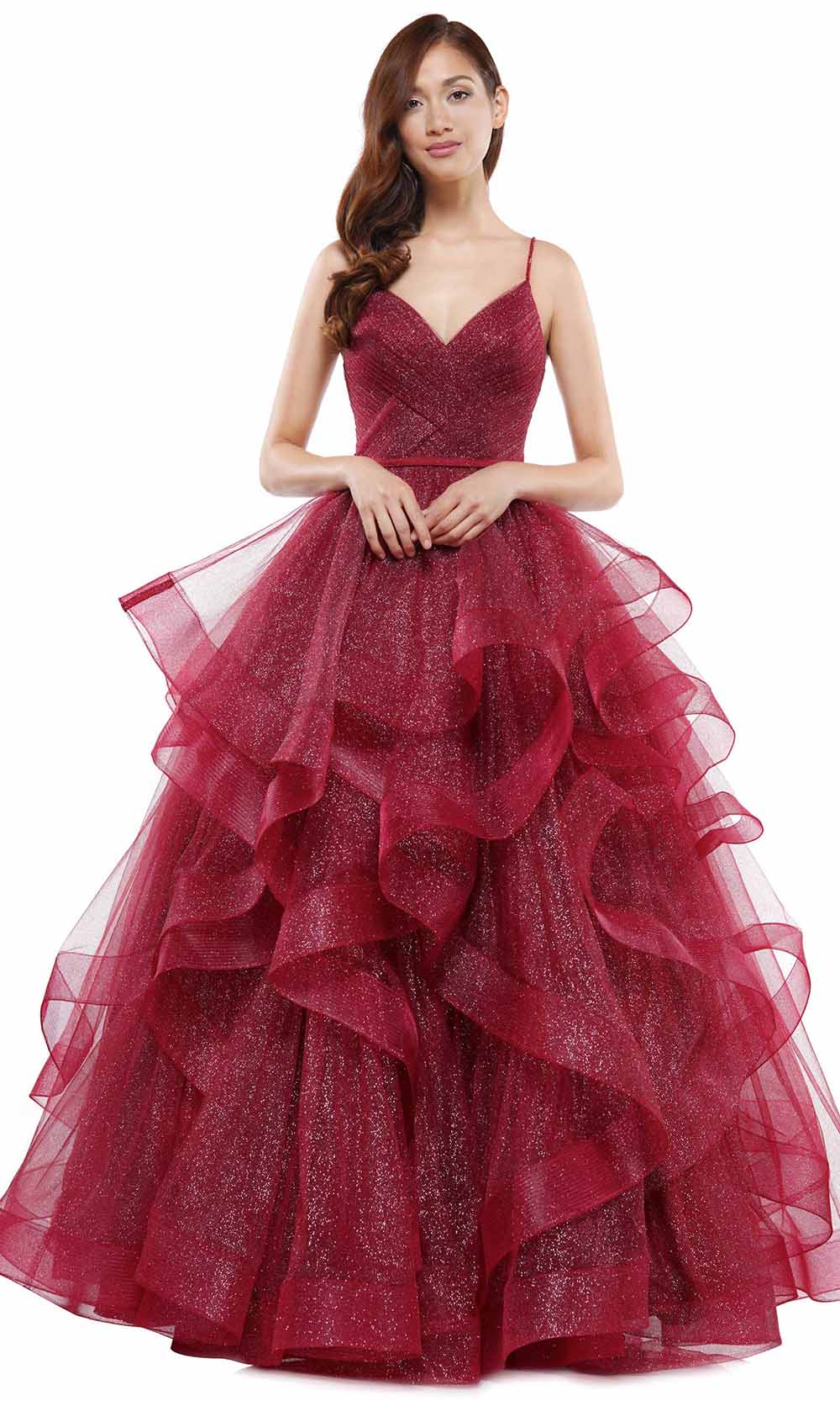 Colors Dress - 2381 V Neck Glitter Mesh Ballgown - view 5