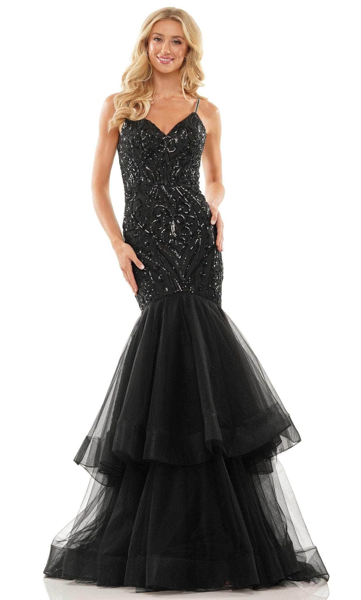 Colors Dress 2978 - Sequined V-Neck Tiered Prom Gown