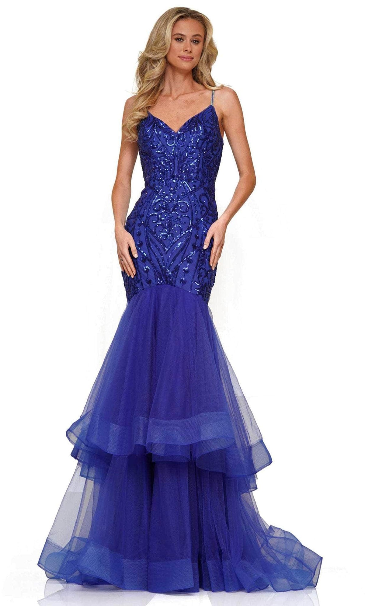 Colors Dress 2978 - Sequined V-Neck Tiered Prom Gown