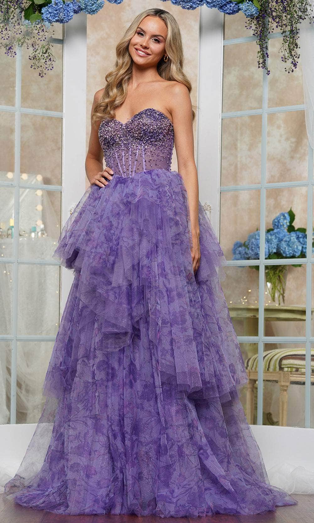 Colors Dress 3572 - Beaded Sweetheart Floral Print Ballgown - back view