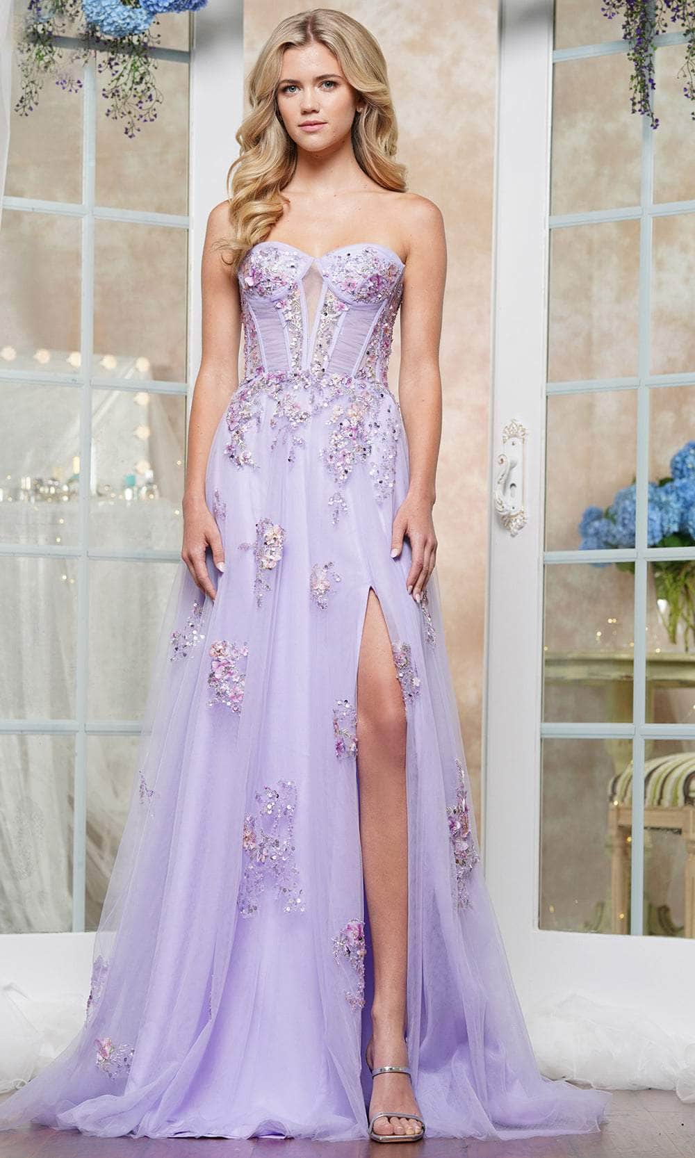 Colors Dress 3575 - Floral Embroidered Tulle A-Line Prom Gown - Silhouette Dresses