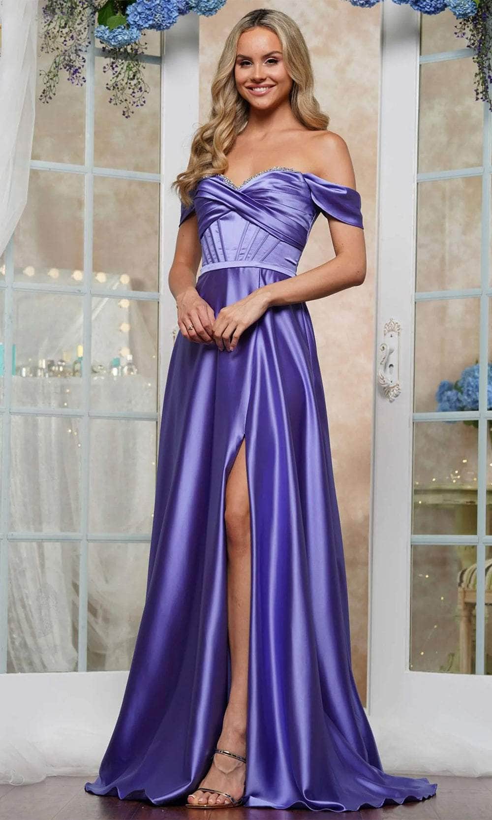 Colors Dress 3606 - Ruched Off Shoulder Prom Dress - detail view