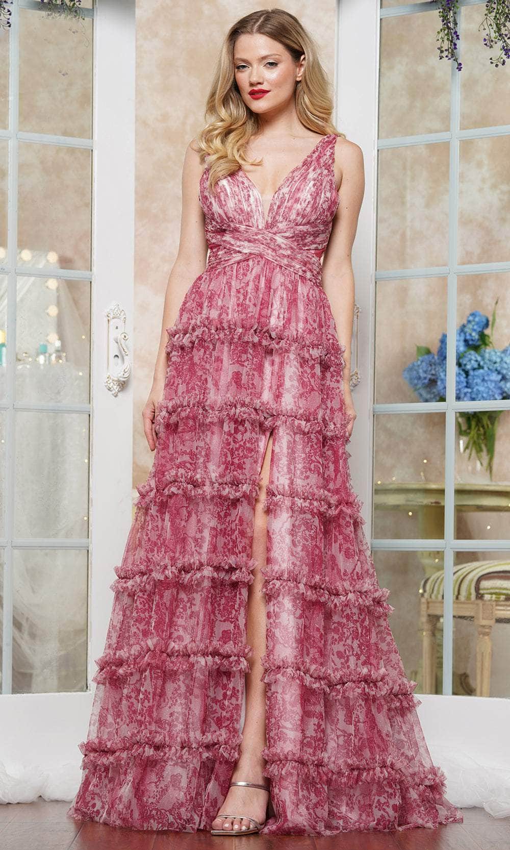 Colors Dress 3618 - Tiered Skirt Printed V-Neck Prom Gown - detail view