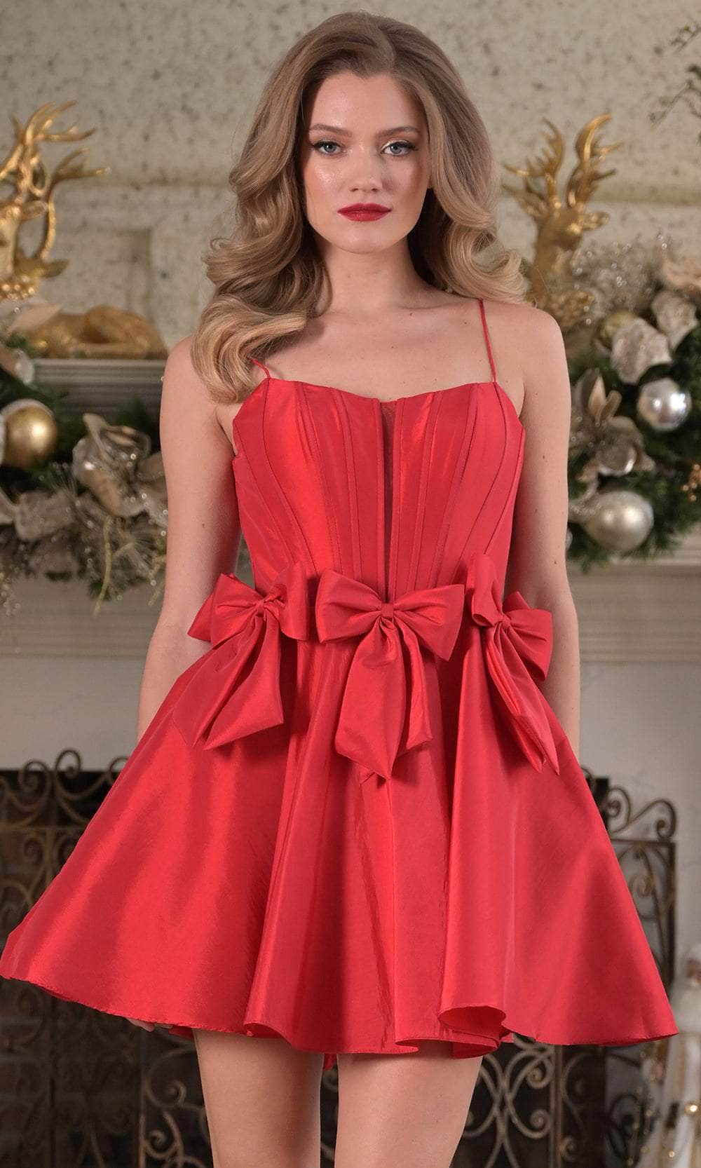 Colors Dress 3637 - Bow Waist Pleated Mini Dress - detail view