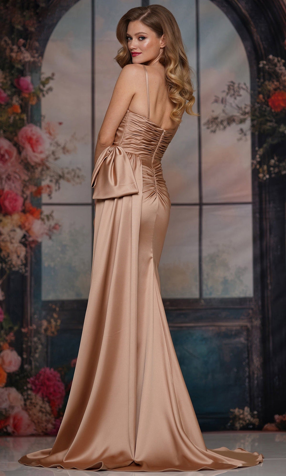 Colors Dress 3709 - Cowl Neckline Ruched Gown with Bow Detail