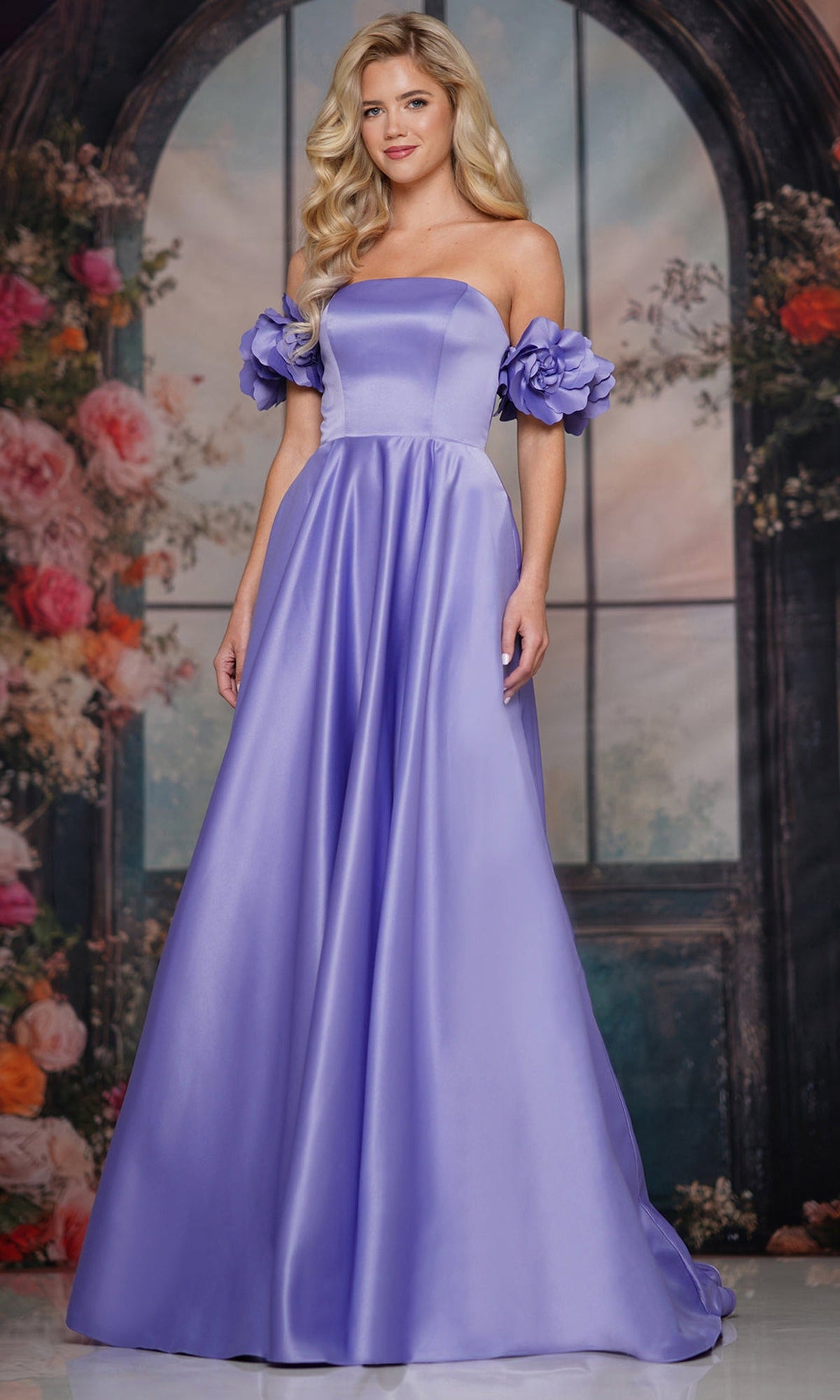Colors Dress 3744 - Straight Neckline Floral Sleeve Gown